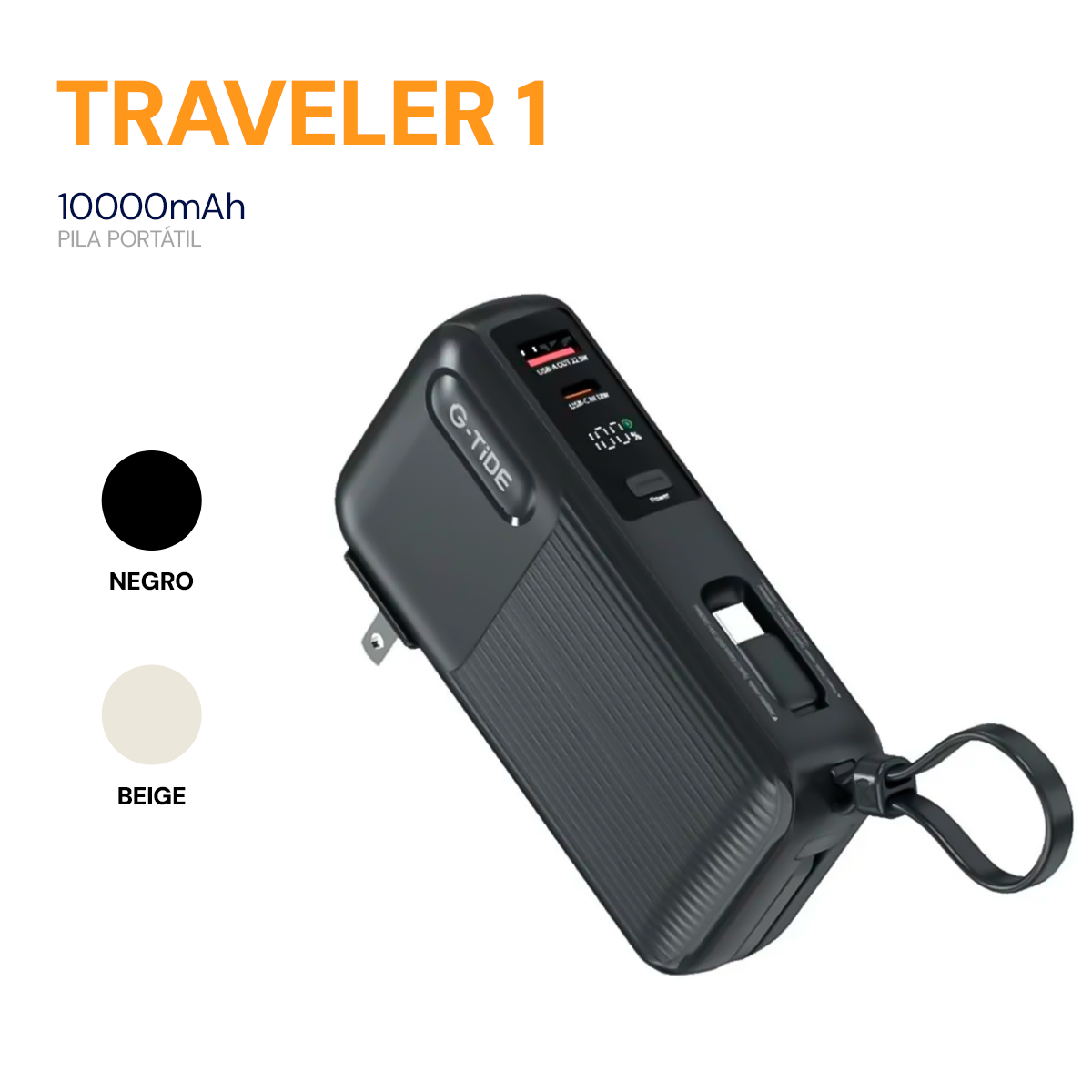 Bateria Portatil POWERBANK Traveler 1 Ideal para Viajes Carga Rápida con 3 Cables Integrados